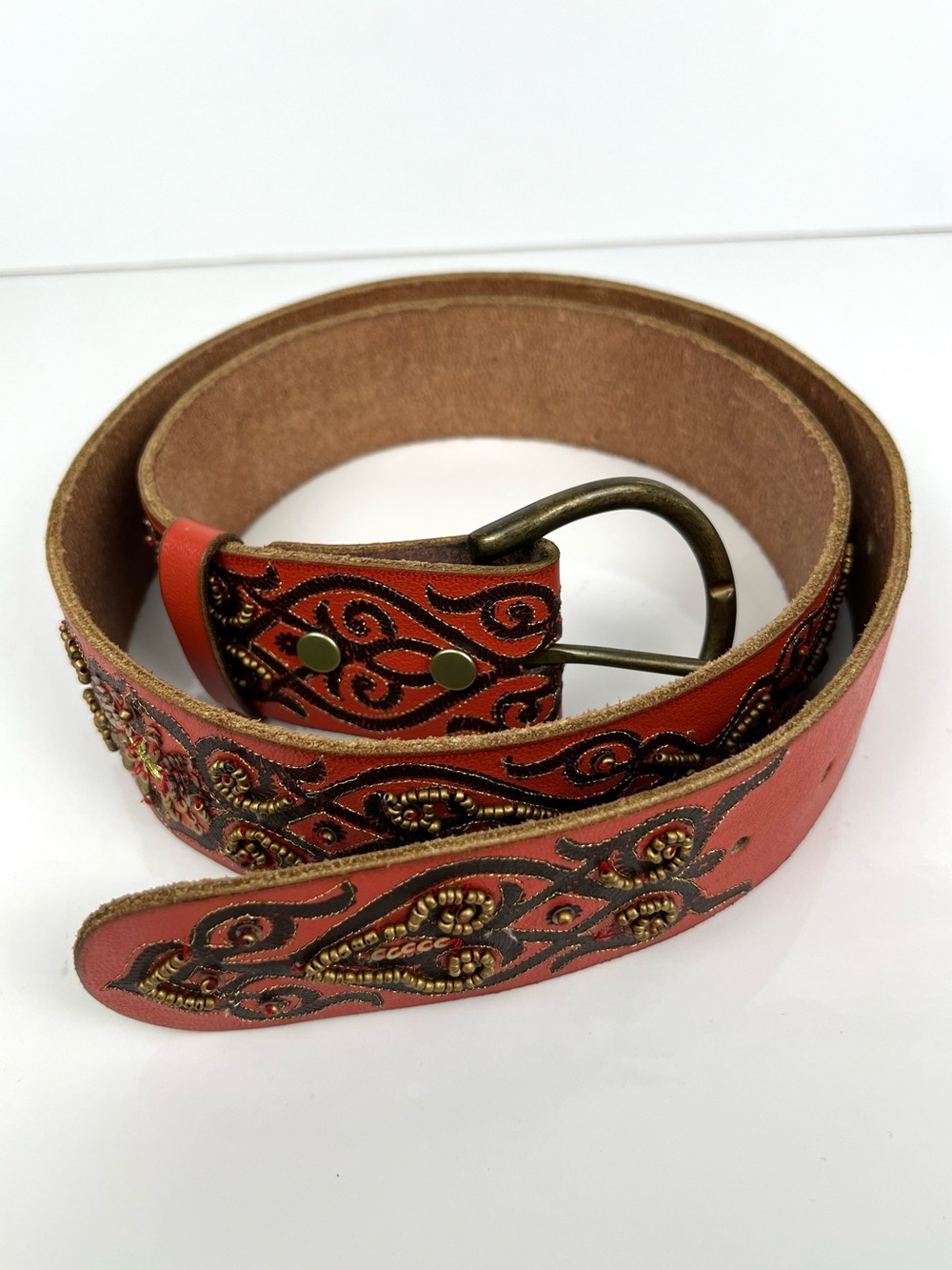 Lucky Brand Leather Embroidered Beaded Western Belt size XL Red Brown Cowgirl